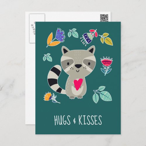 Hugs  Kisses Funny Raccoon Valentines Day Postcard
