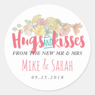 Hugs Kisses Mr Mrs Floral Wreath Wedding Sticker