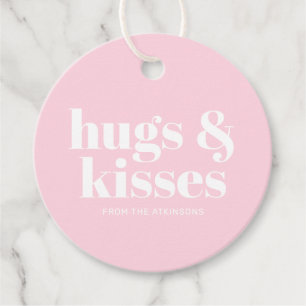 Hugs & kisses pink white modern bold typography favor tags