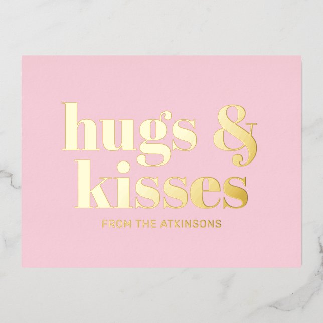 Hugs & kisses pink white modern bold typography foil holiday postcard (Front)