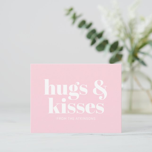 Hugs & kisses pink white modern bold typography postcard (Standing Front)
