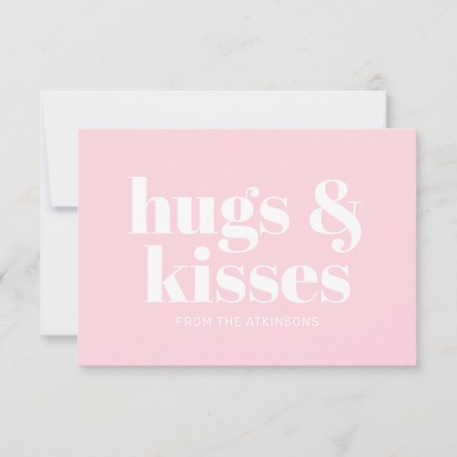 Hugs & kisses pink white modern typography card (Front)