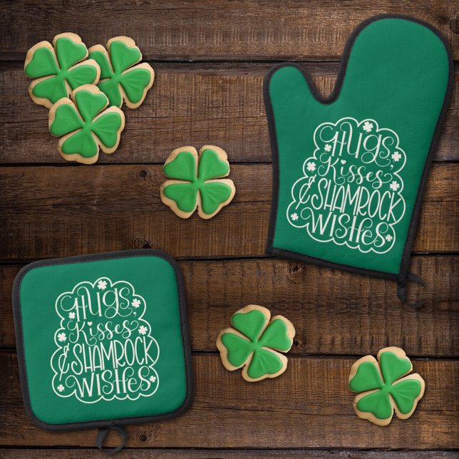 Hugs, Kisses & Shamrock Wishes St. Patrick’s Day  Oven Mitt & Pot Holder Set (Creator Uploaded)