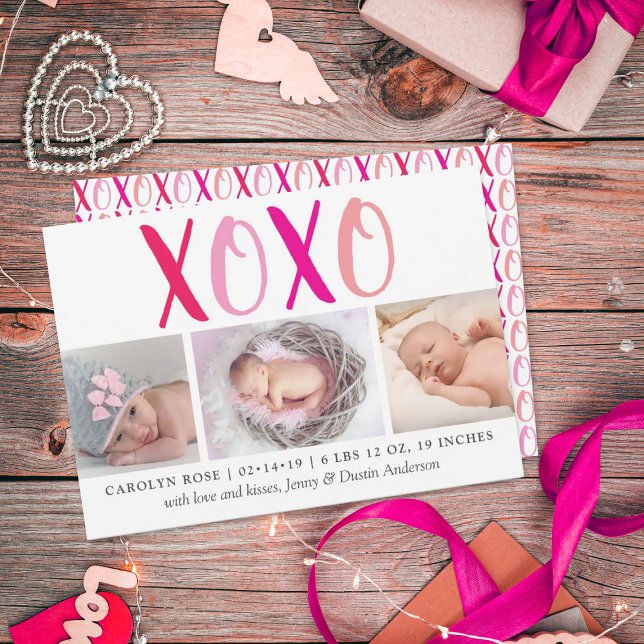 Hugs & Kisses (XOXO) 3 Photo Birth Announcement (Creator Uploaded)