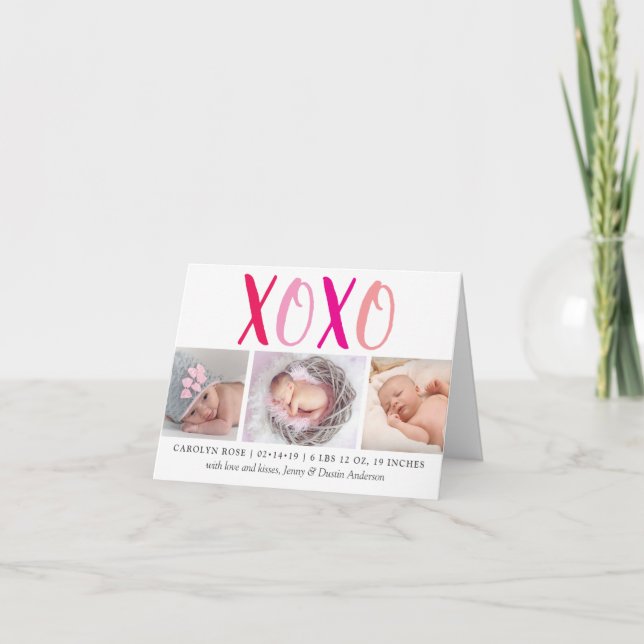 Hugs & Kisses (XOXO) 3 Photo Birth Announcement (Front)