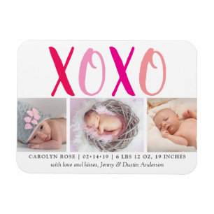 Hugs & Kisses (XOXO) 3 Photo Birth Announcement Magnet