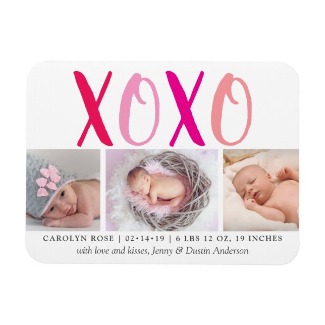 Hugs & Kisses (XOXO) 3 Photo Birth Announcement Magnet (Horizontal)