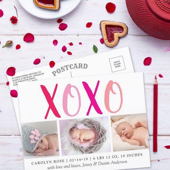 Hugs & Kisses (XOXO) 3 Photo Birth Announcement Postcard (Creator Uploaded)