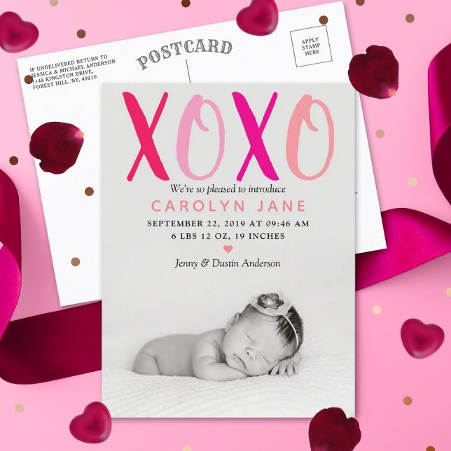 Hugs & Kisses (XOXO) Photo Birth Announcement Postcard (Creator Uploaded)