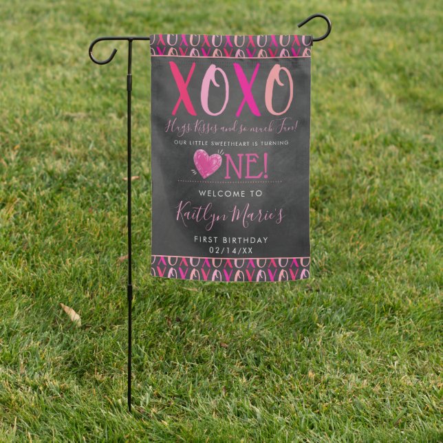 Hugs & Kisses (XOXO) Valentine's Day 1st Birthday Garden Flag (In SItu)