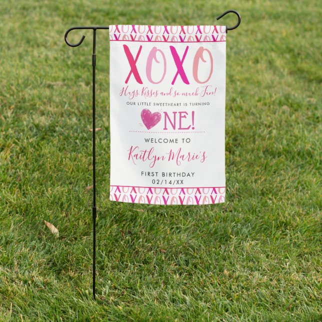Hugs & Kisses (XOXO) Valentine's Day 1st Birthday Garden Flag (In SItu)