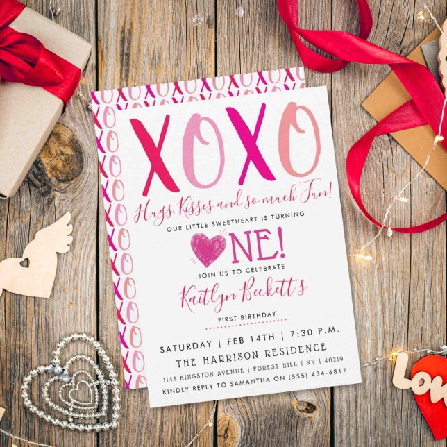 Hugs & Kisses (XOXO) Valentine's Day 1st Birthday Invitation