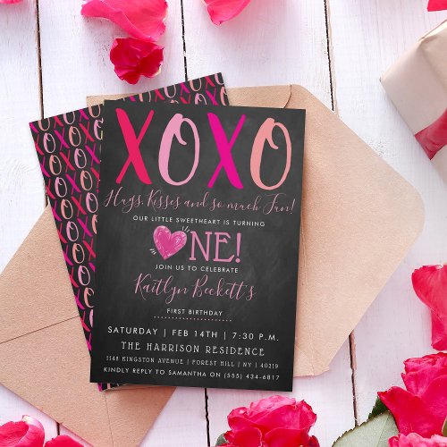 Hugs  Kisses XOXO Valentines Day 1st Birthday Invitation