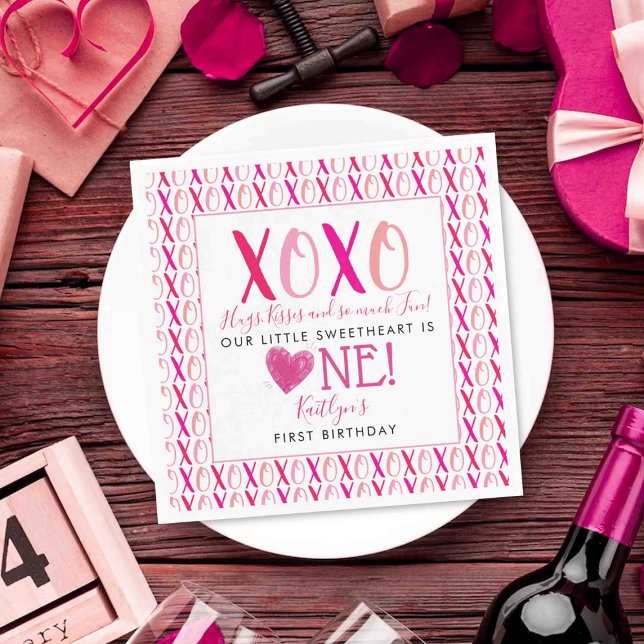 Hugs & Kisses (XOXO) Valentine's Day 1st Birthday Napkins (Creator Uploaded)