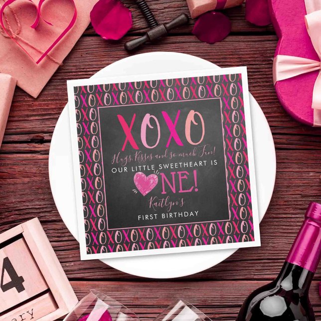 Hugs & Kisses (XOXO) Valentine's Day 1st Birthday Napkins (Creator Uploaded)
