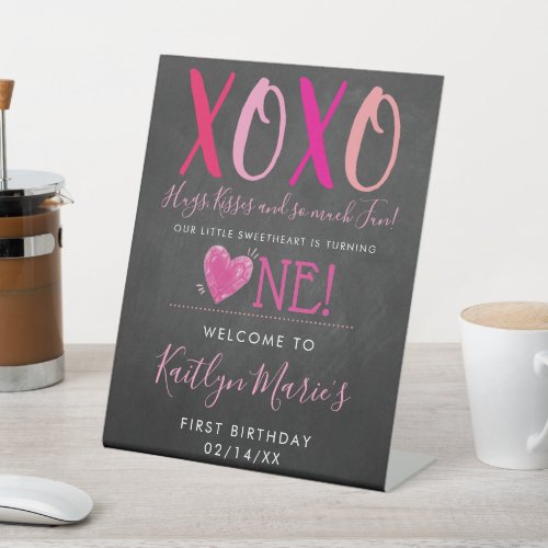 Hugs  Kisses XOXO Valentines Day 1st Birthday Pedestal Sign