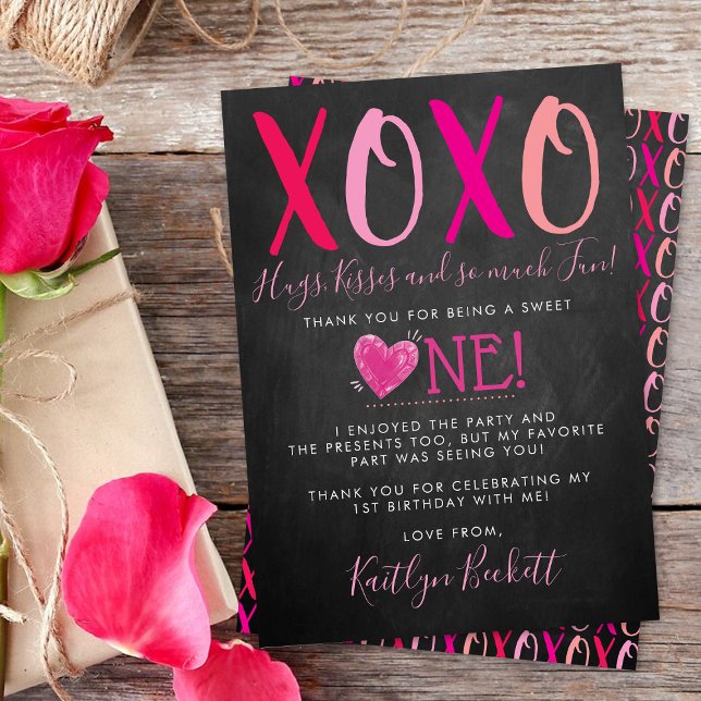 Hugs & Kisses (XOXO) Valentine's Day 1st Birthday Thank You Card (Creator Uploaded)