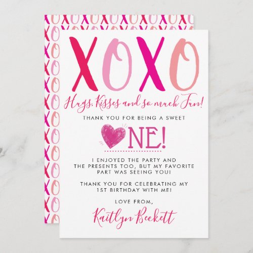 Hugs  Kisses XOXO Valentines Day 1st Birthday Thank You Card