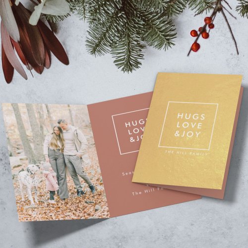 Hugs Love and Joy  Modern Terracotta Christmas Foil Card