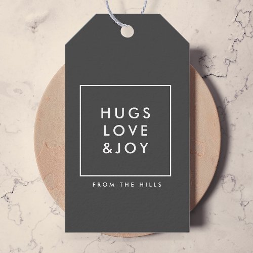 Hugs Love and Joy Stylish Christmas Charcoal Gray Gift Tags
