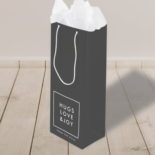 Hugs Love and Joy Stylish Christmas Charcoal Gray Wine Gift Bag (Creator Uploaded)