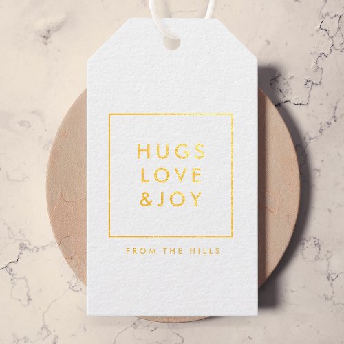Hugs Love and Joy Stylish Christmas Gold and White Foil Gift Tags