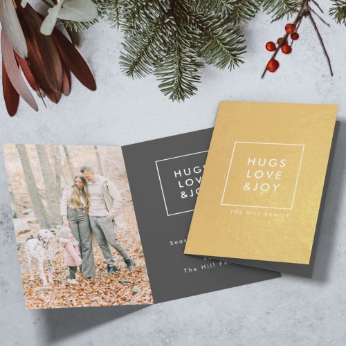 Hugs Love and Joy  Stylish Trendy Christmas Photo Foil Card
