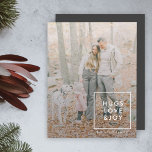 Hugs Love and Joy | Stylish Trendy Christmas Photo Holiday Card<br><div class="desc">Simple, stylish, trendy flat holiday photo card with modern minimal typography quote "Hugs Love & Joy" in white with a clean simple white border. The name and greeting can be easily customized for a personal touch. A bold, minimalist and contemporary christmas design with charcoal gray feature color to stand out...</div>
