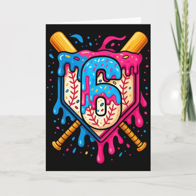 Hugvyn 6th Birthday Baseball Ice Cream Drip Number Card (Front)