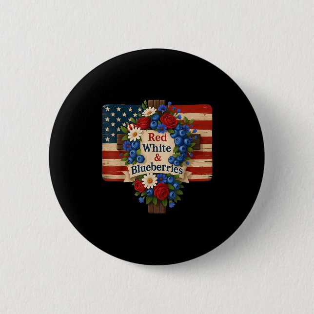 Hugvyn God Bless Blueberries America Floral Patrio Button (Front)