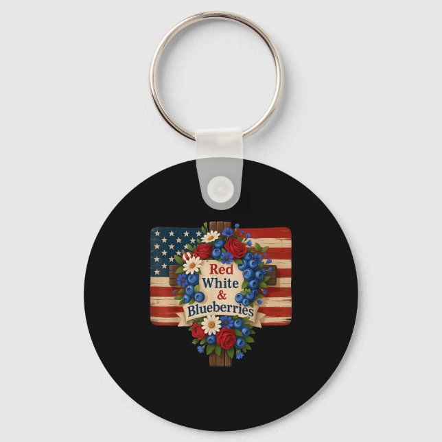 Hugvyn God Bless Blueberries America Floral Patrio Keychain (Front)