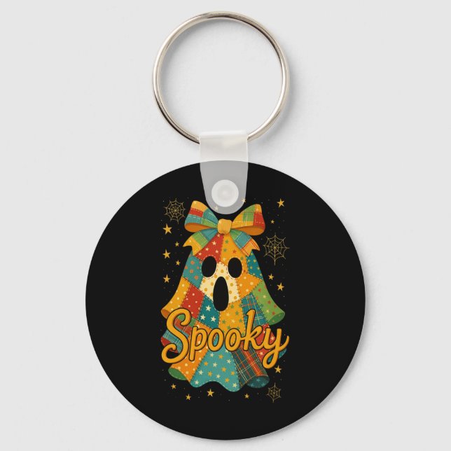 Hugvyn Halloween Patchwork Spooky Ghost Bow Preppy Keychain (Front)