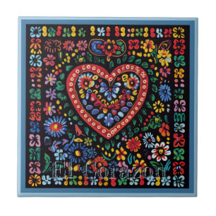 Huichol Loteria Ceramic Tile: El Corazon Tile