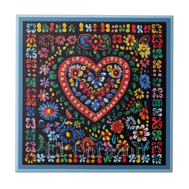 Huichol Loteria Ceramic Tile: El Corazon Tile (Front)