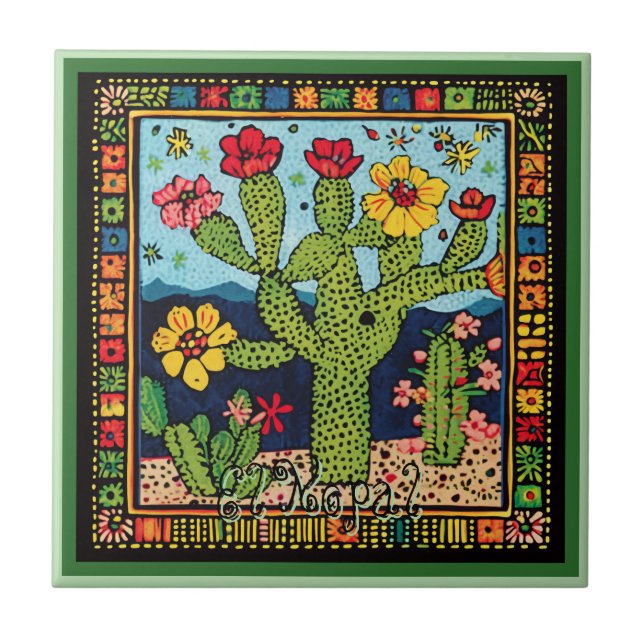 Huichol Loteria Ceramic Tile:El Nopal Ceramic Tile (Front)