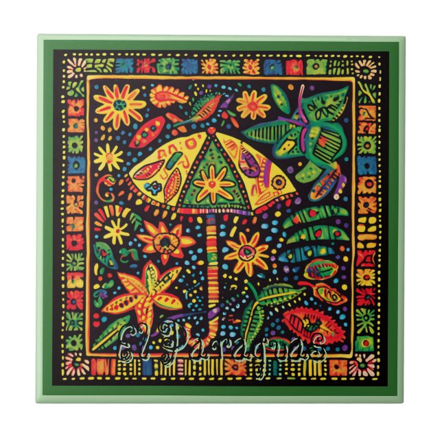 Huichol Loteria Ceramic Tile: El Paraguas Tile (Front)