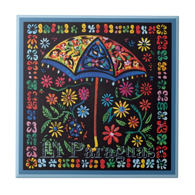 Huichol Loteria Ceramic Tile: El Paraguas Tile (Front)