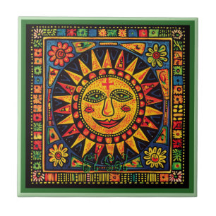 Huichol Loteria Ceramic Tile: El Sol Ceramic Ceramic Tile