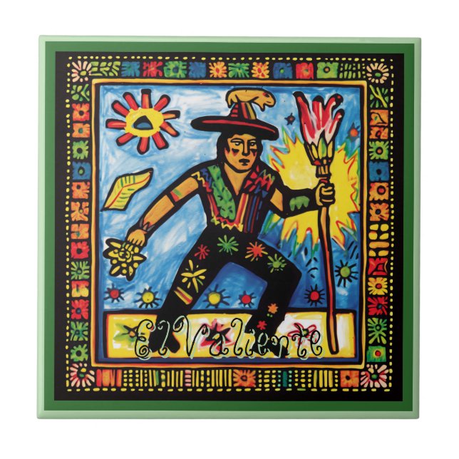 Huichol Loteria Ceramic Tile: El Valiente Ceramic Ceramic Tile (Front)