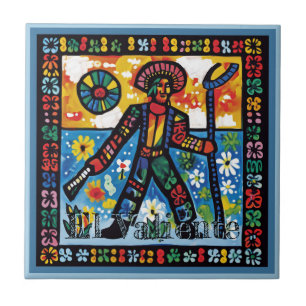 Huichol Loteria Ceramic Tile: El Valiente Ceramic Tile