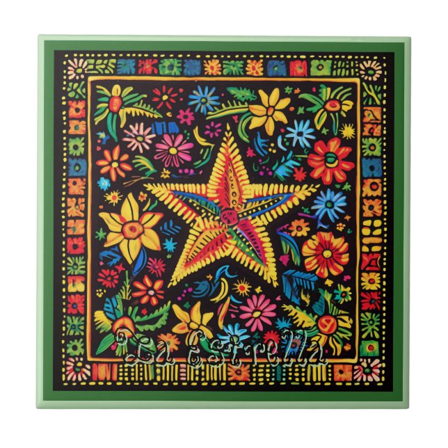 Huichol Loteria Ceramic Tile: La Estrella Tile (Front)