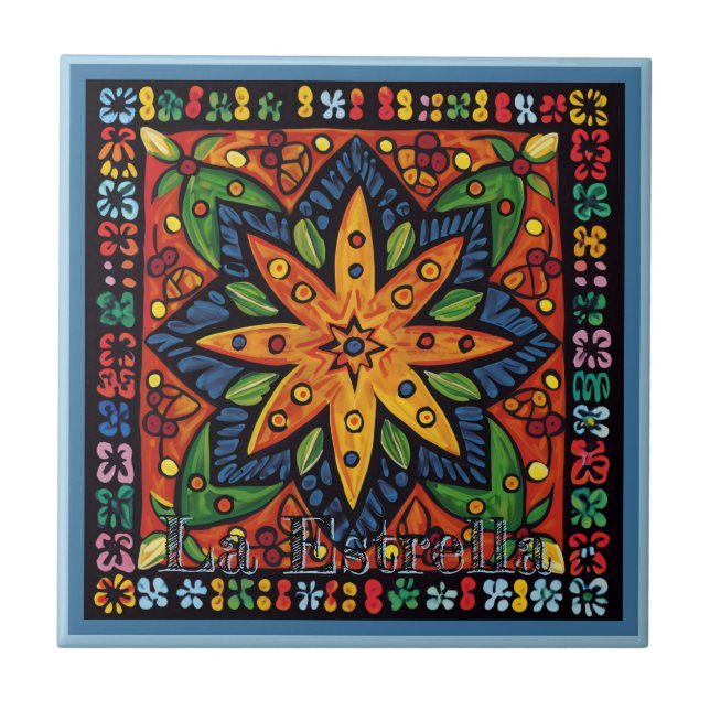 Huichol Loteria Ceramic Tile: La Estrella Tile (Front)
