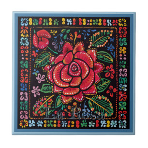 Huichol Loteria Ceramic Tile: La Rosa Ceramic Tile