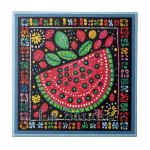 Huichol Loteria Ceramic Tile: La Sandia Tile