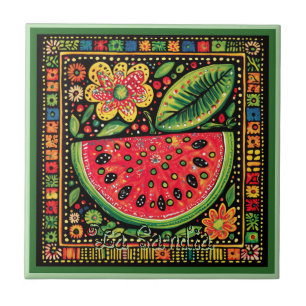 Huichol Loteria Ceramic Tile: La Sandia Tile