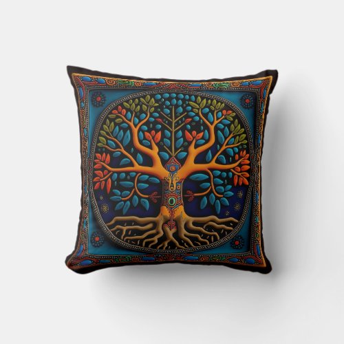 Huichol mexican style tree of life throw pillow