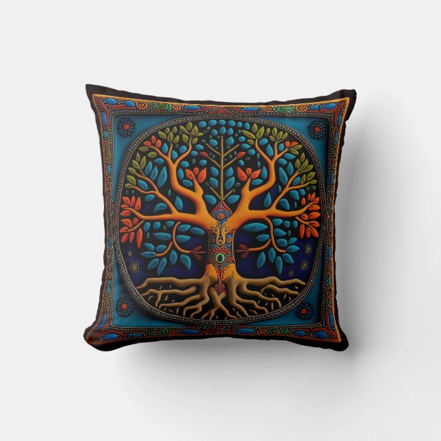 Huichol mexican style tree of life throw pillow (Front)