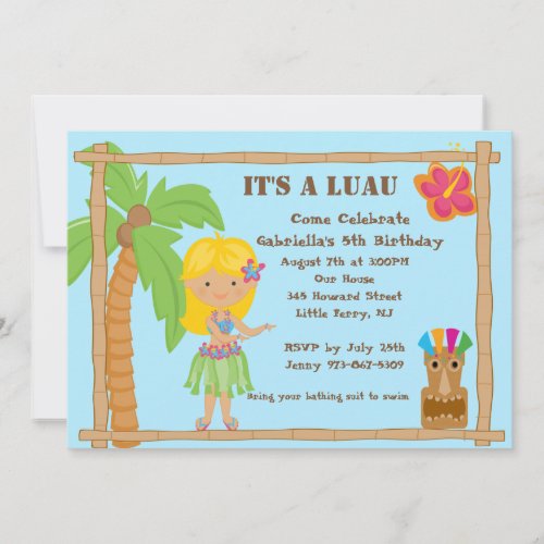 Hula Blonde Girl Luau Birthday Invitation