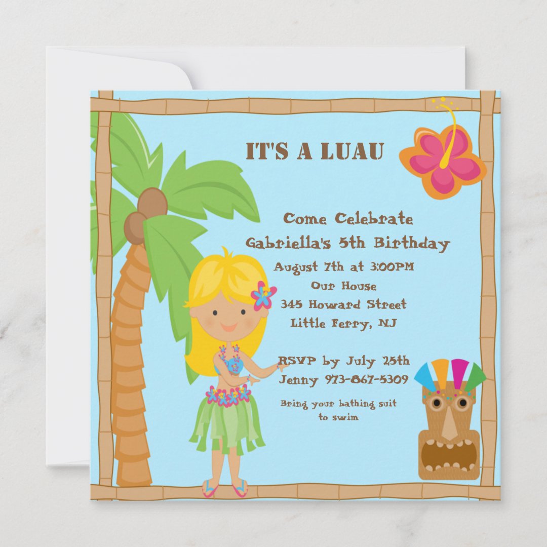 Hula Blonde Girl Luau Square Birthday Invitation 