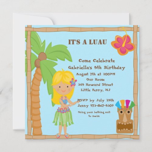Hula Blonde Girl Luau Square Birthday Invitation